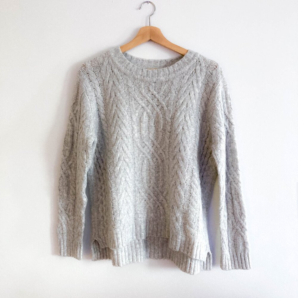 Foil Grey Silver Crew Neck Cable Knit Sweater S